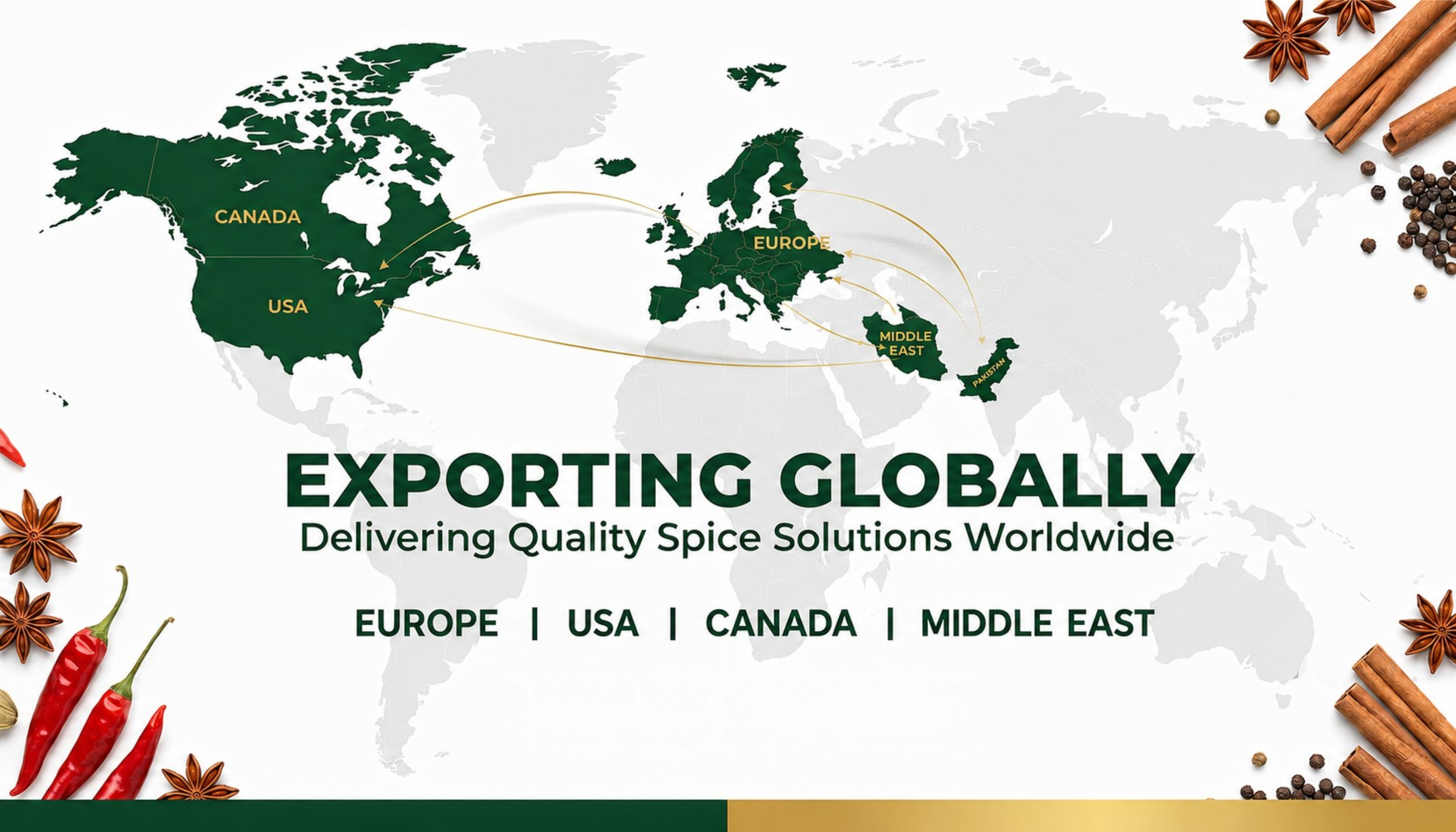 Exporting globally. Delivering quality spice solutions worldwide to Europe, the USA, and Canada. Indus Spices.